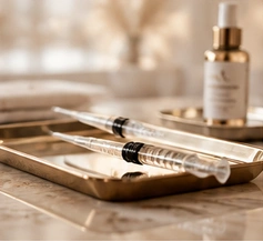 Professional aesthetic instruments on a champagne metallic tray